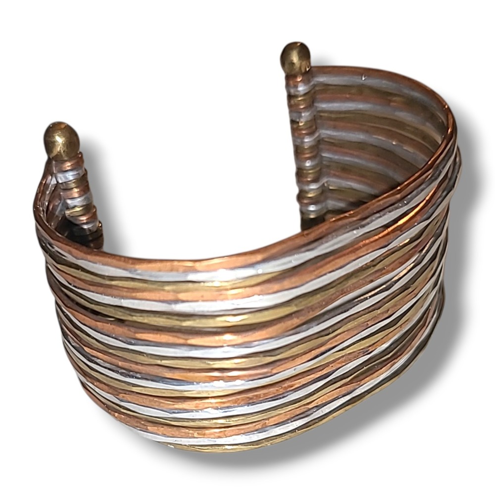 ZAD Valerie Layered Hammered Metal‎ Cuff Bracelet Tricolor Gold Silver Copper